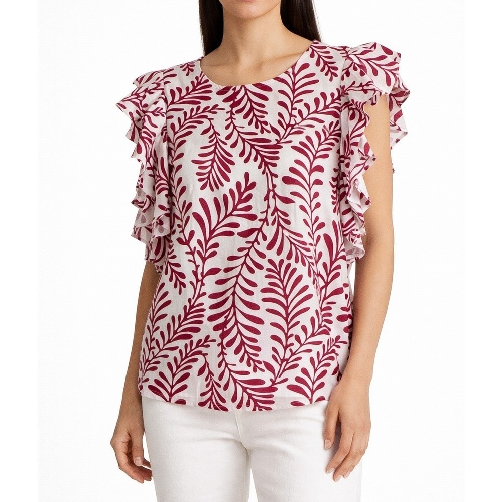 Who What Wear Floral Ruffle Sleeve Blouse Large Red White Boho Cottagecore Top
